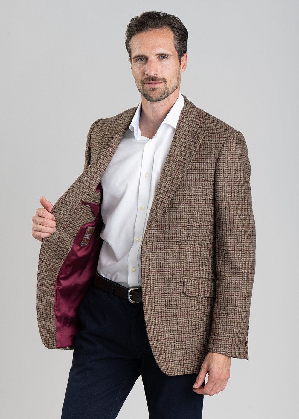 Bamburgh Tweed Jacket - Shepherds Check in Wine, Olive and Brown - 5