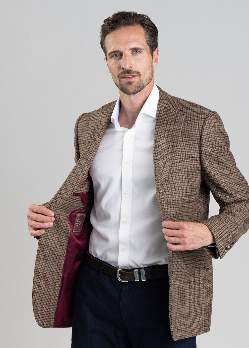 Bamburgh Tweed Jacket - Shepherds Check in Wine, Olive and Brown - 6