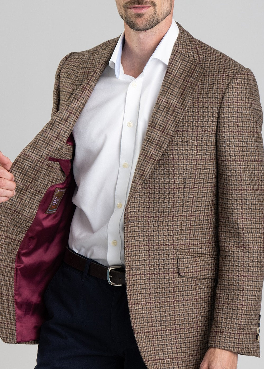 Bamburgh Tweed Jacket - Shepherds Check in Wine, Olive and Brown - 7