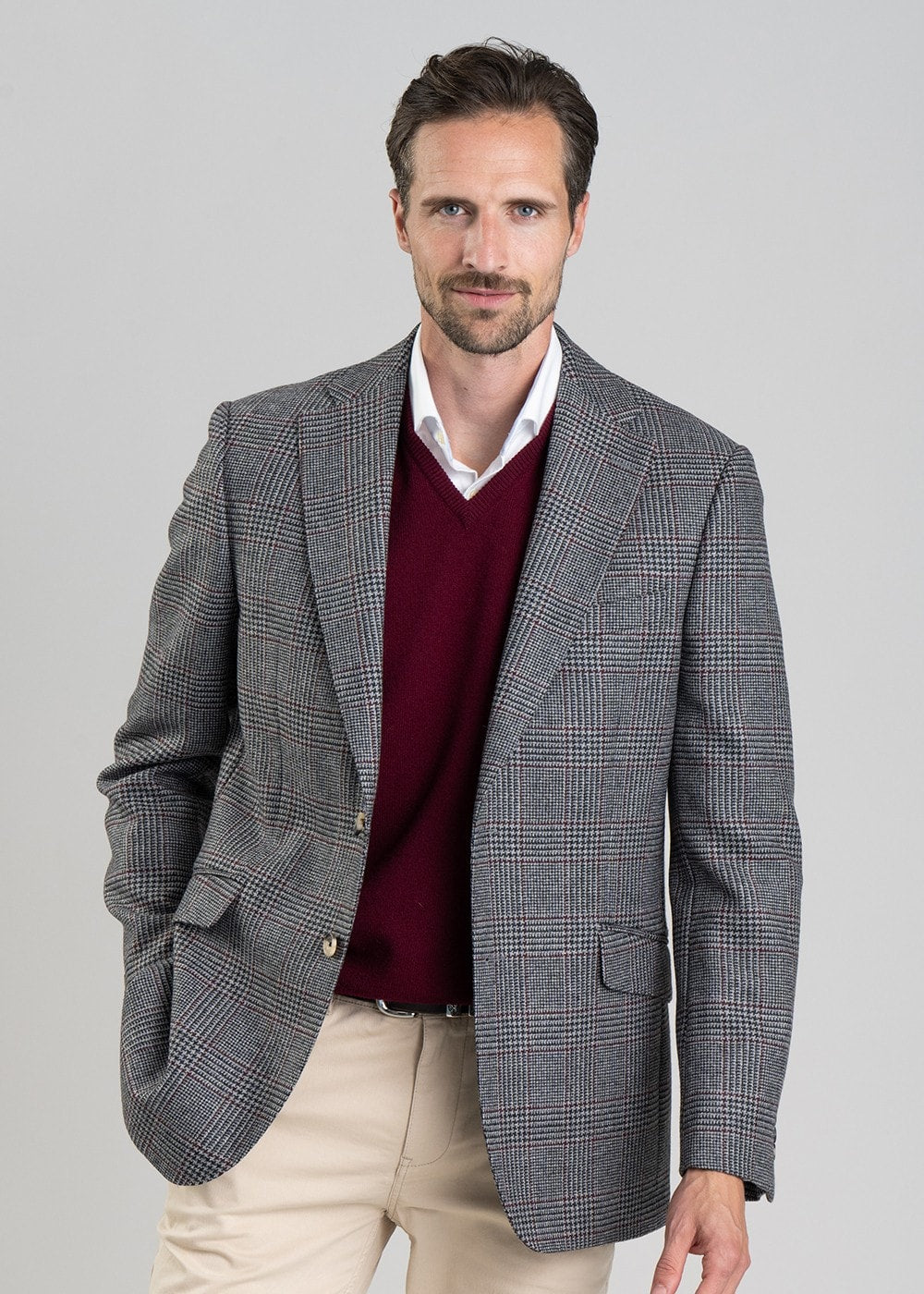 Berwick Tweed Jacket - Grey Check with Burgundy - 1