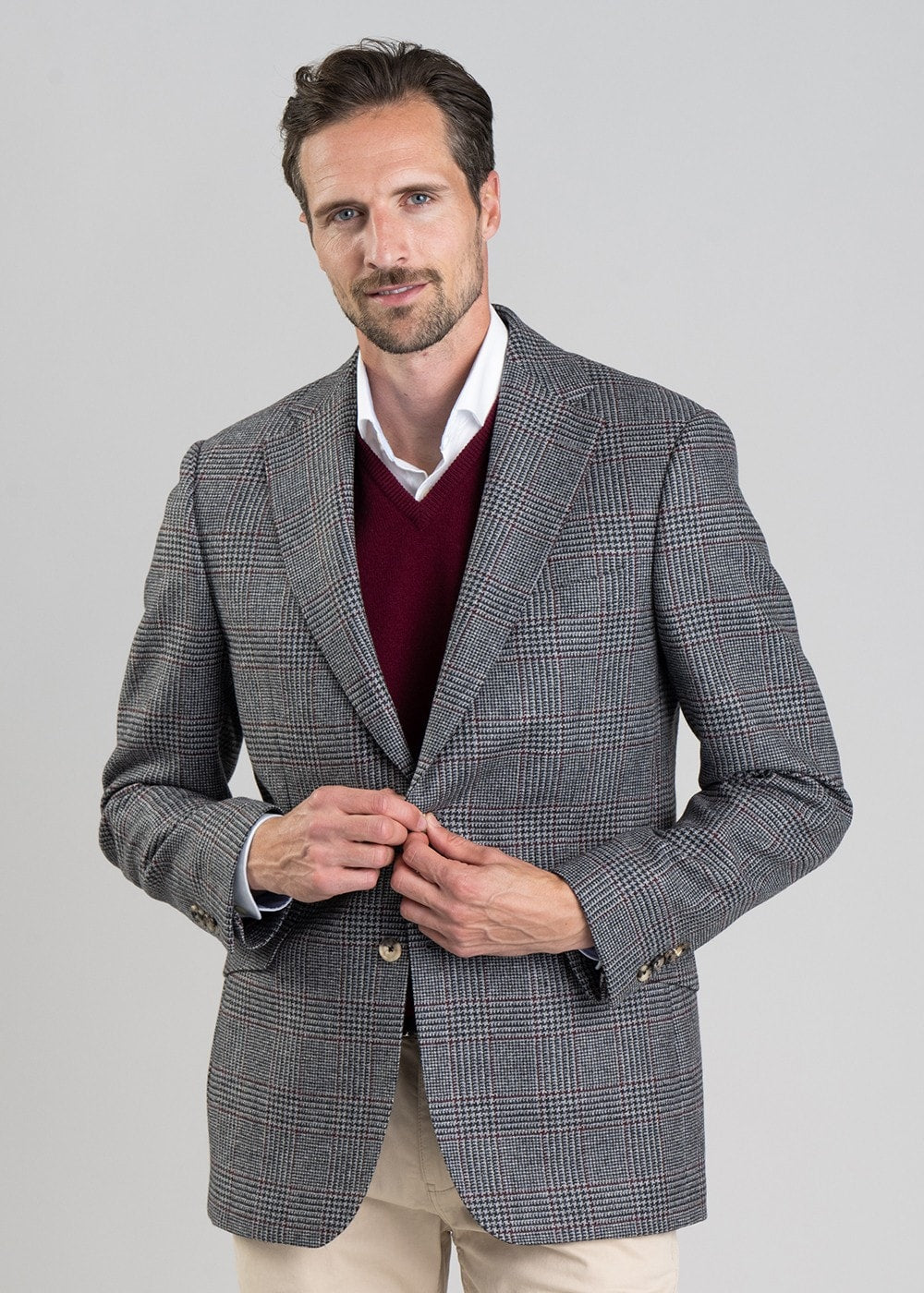 Berwick Tweed Jacket - Grey Check with Burgundy - 3