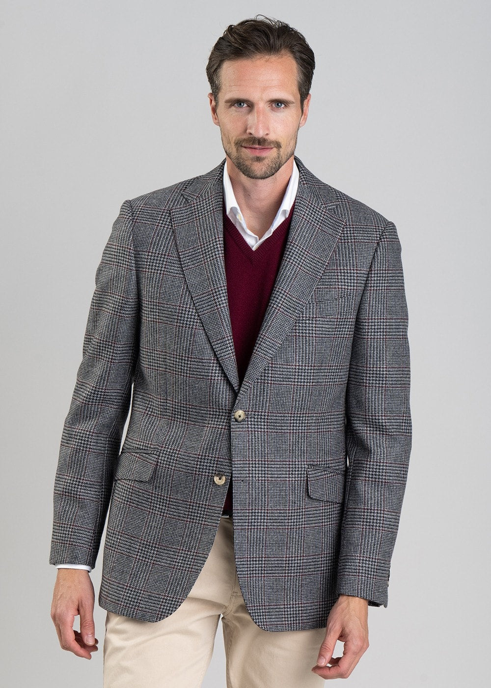 Berwick Tweed Jacket - Grey Check with Burgundy - 4