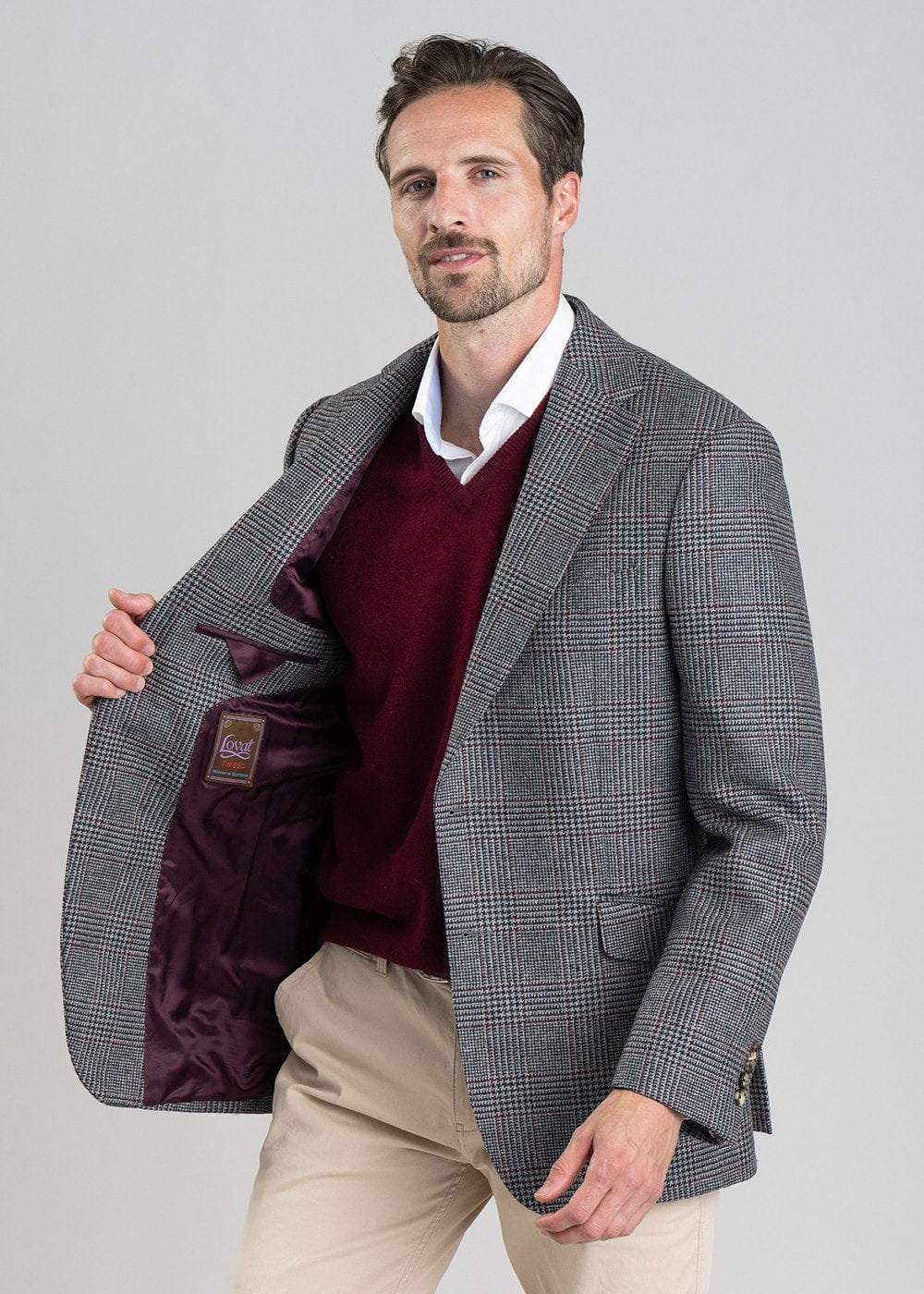 Berwick Tweed Jacket - Grey Check with Burgundy - 5