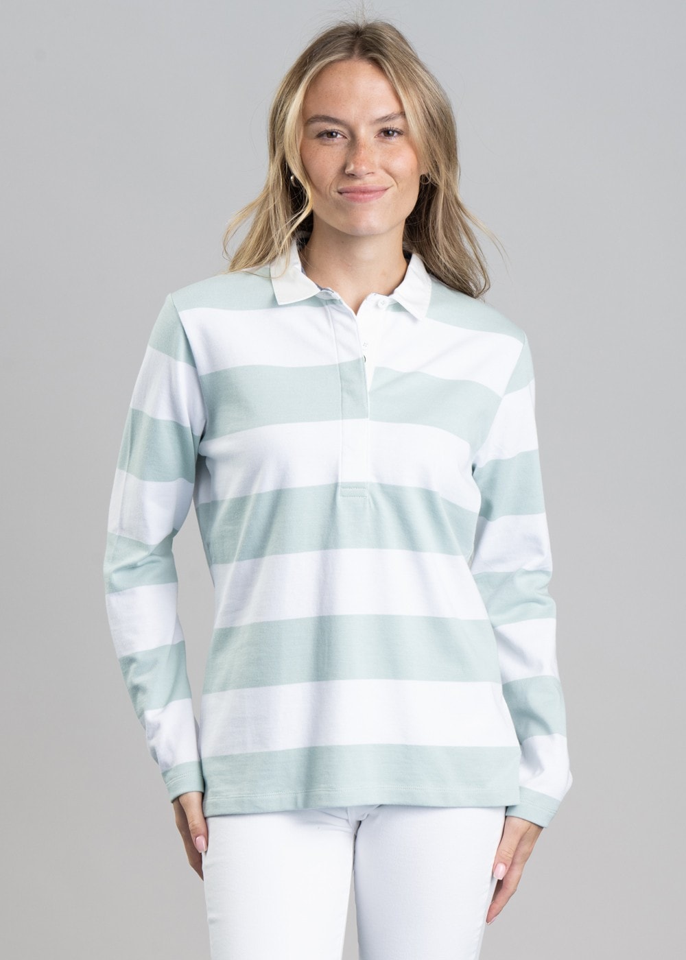 St Mawgan Rugby Shirt - Mint and White Stripe - 1