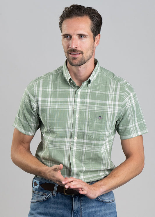 Linen Short Sleeved Check Shirt - Kalamata Green - 1