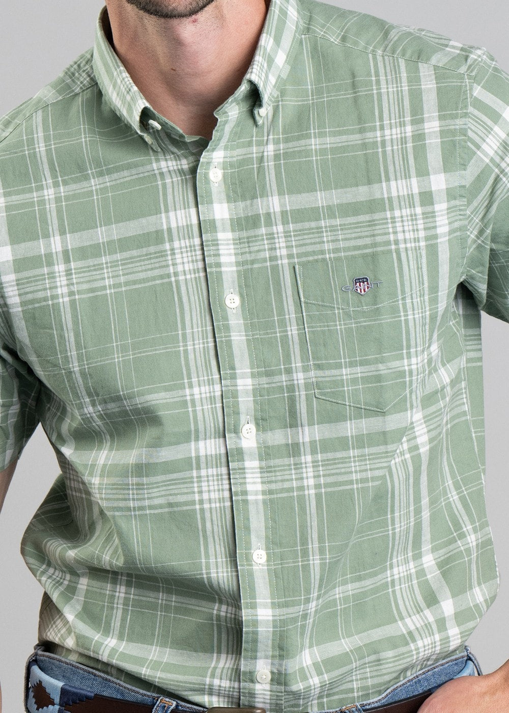 Linen Short Sleeved Check Shirt - Kalamata Green - 5