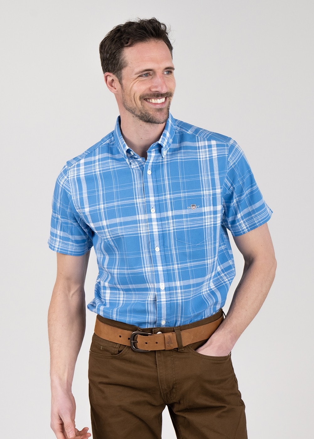 Linen Short Sleeved Check Shirt - Day Blue - 4