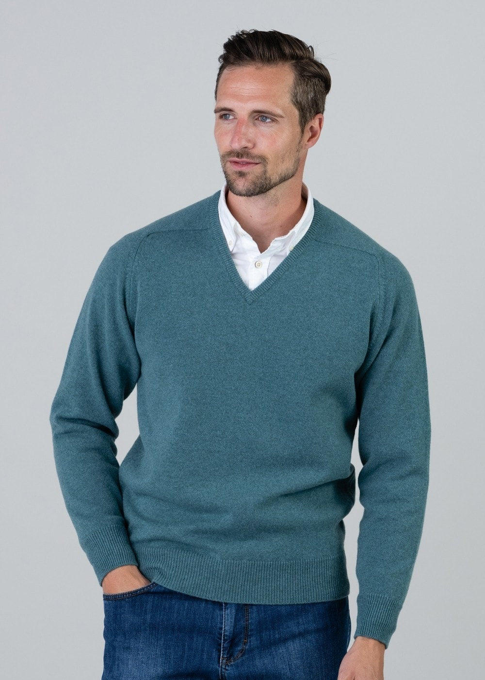 Leven 2 Ply Lambswool V-Neck - Caspian - 1