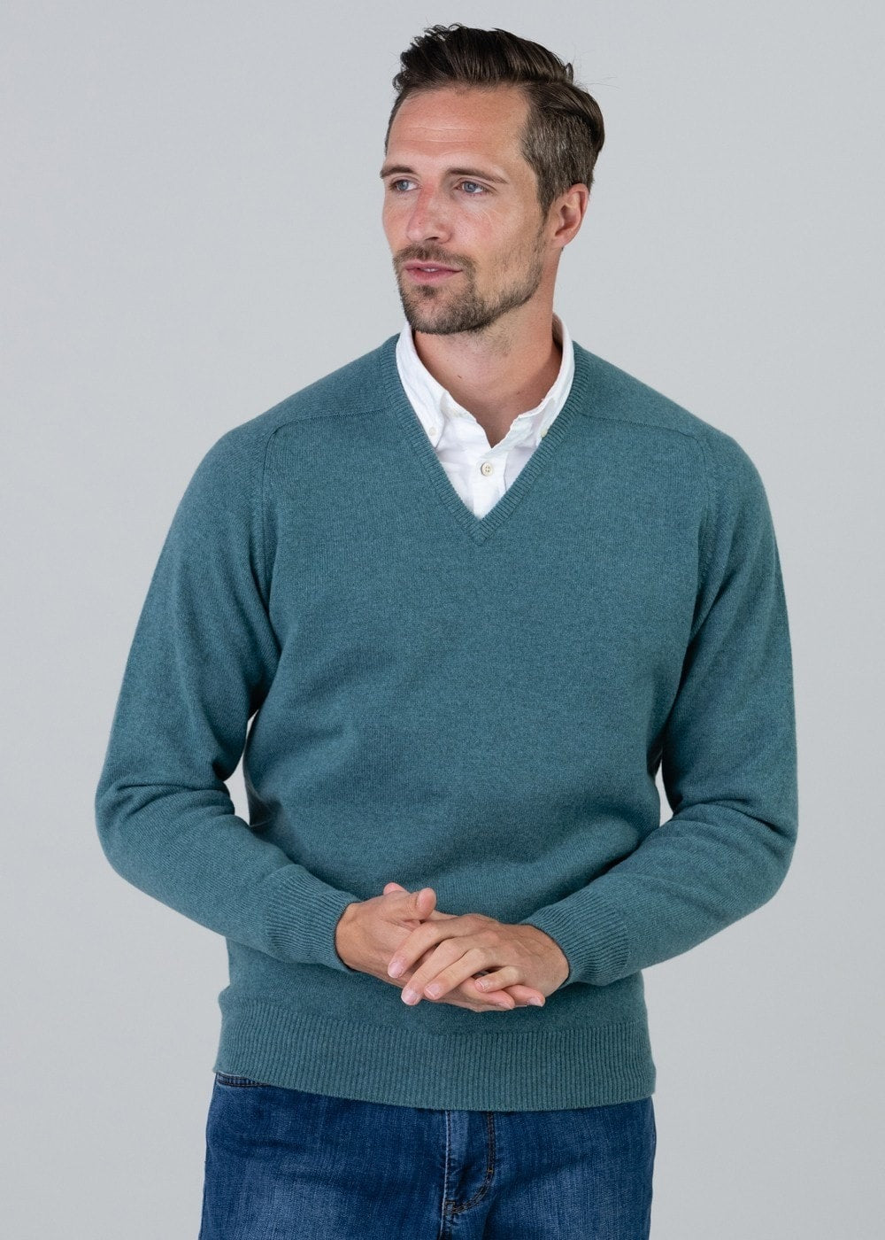 Leven 2 Ply Lambswool V-Neck - Caspian - 3