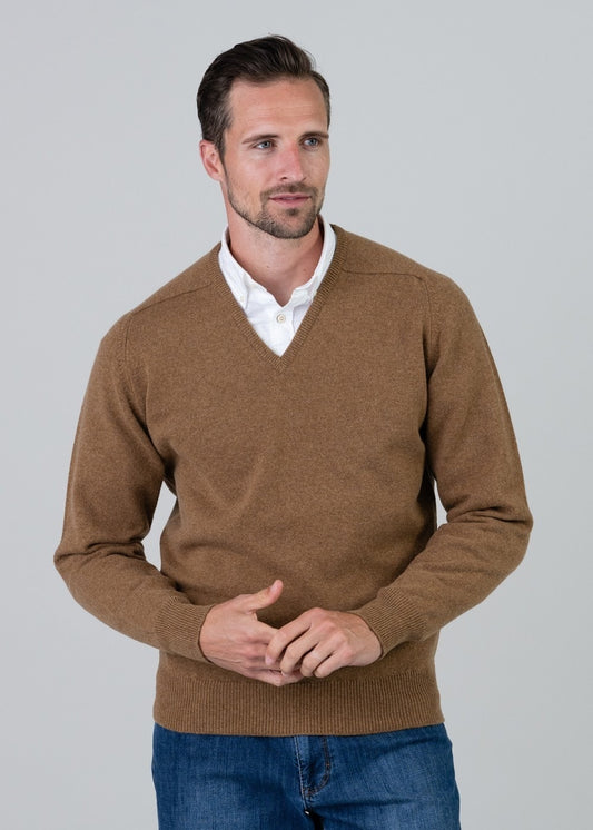 Leven 2 Ply Lambswool V-Neck - Driftwood - 1