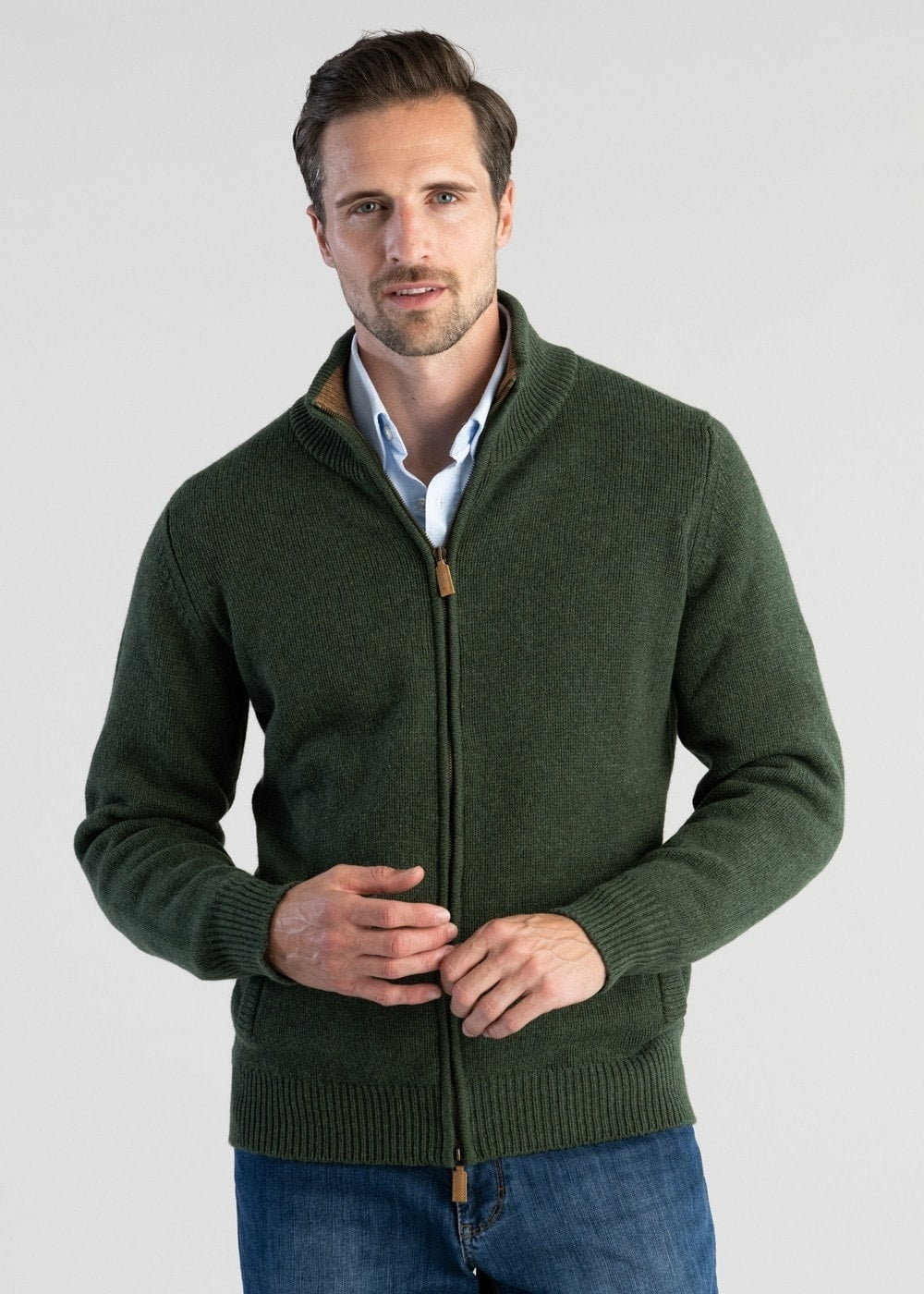 Lambswool 4 Ply Plain Jacket - Rosemary with Driftwood - 3