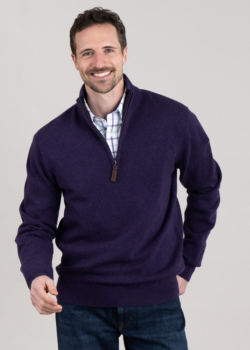 Lambswool Zip Neck Jumper - Bramble - 1