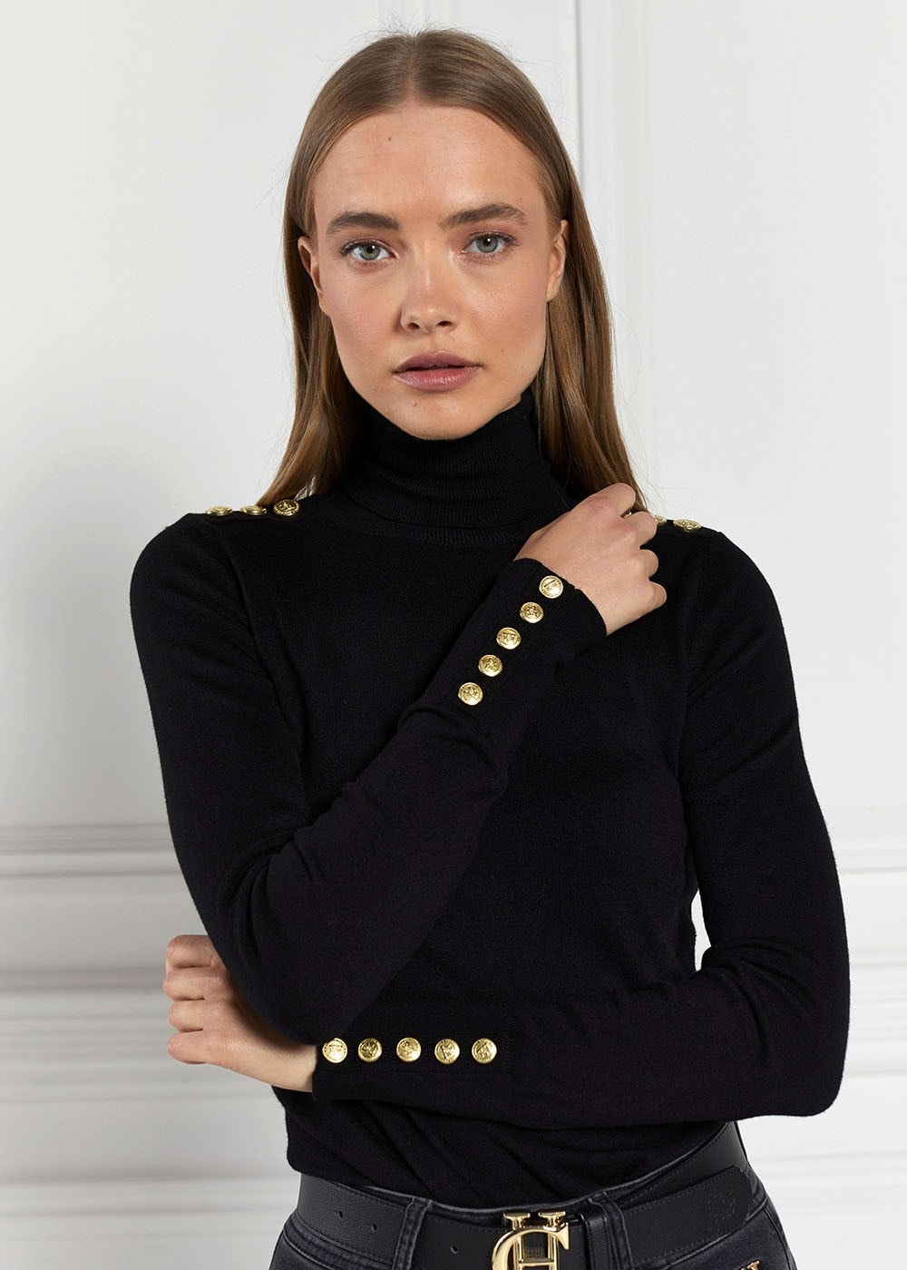 Buttoned Knit Roll Neck - Black - 1