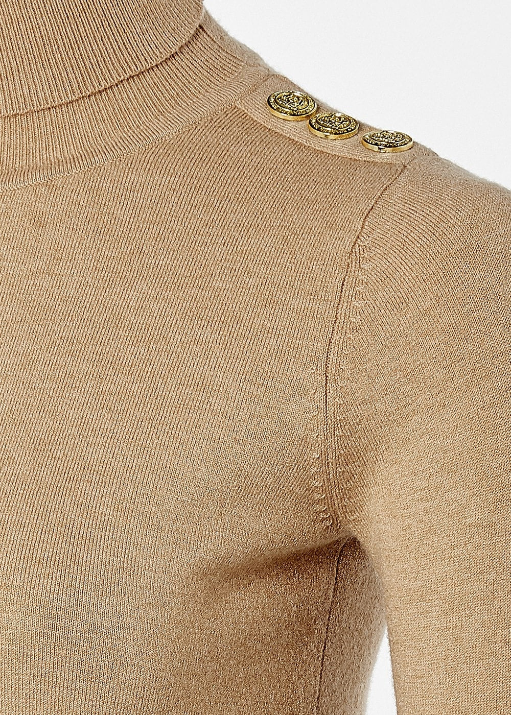 Buttoned Knit Roll Neck - Dark Camel - 6