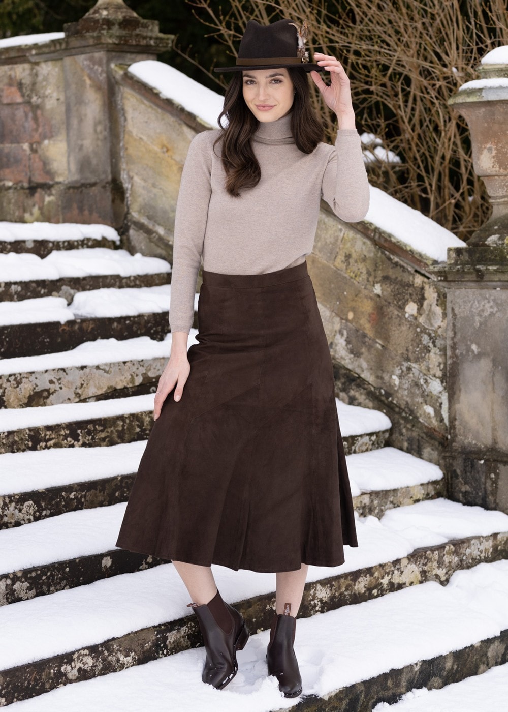 Panel Suede Skirt - Brown - 2