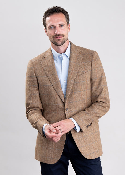 Hexham Tweed Jacket - Camel and Tan Twill with Gold and Blue Check - 1