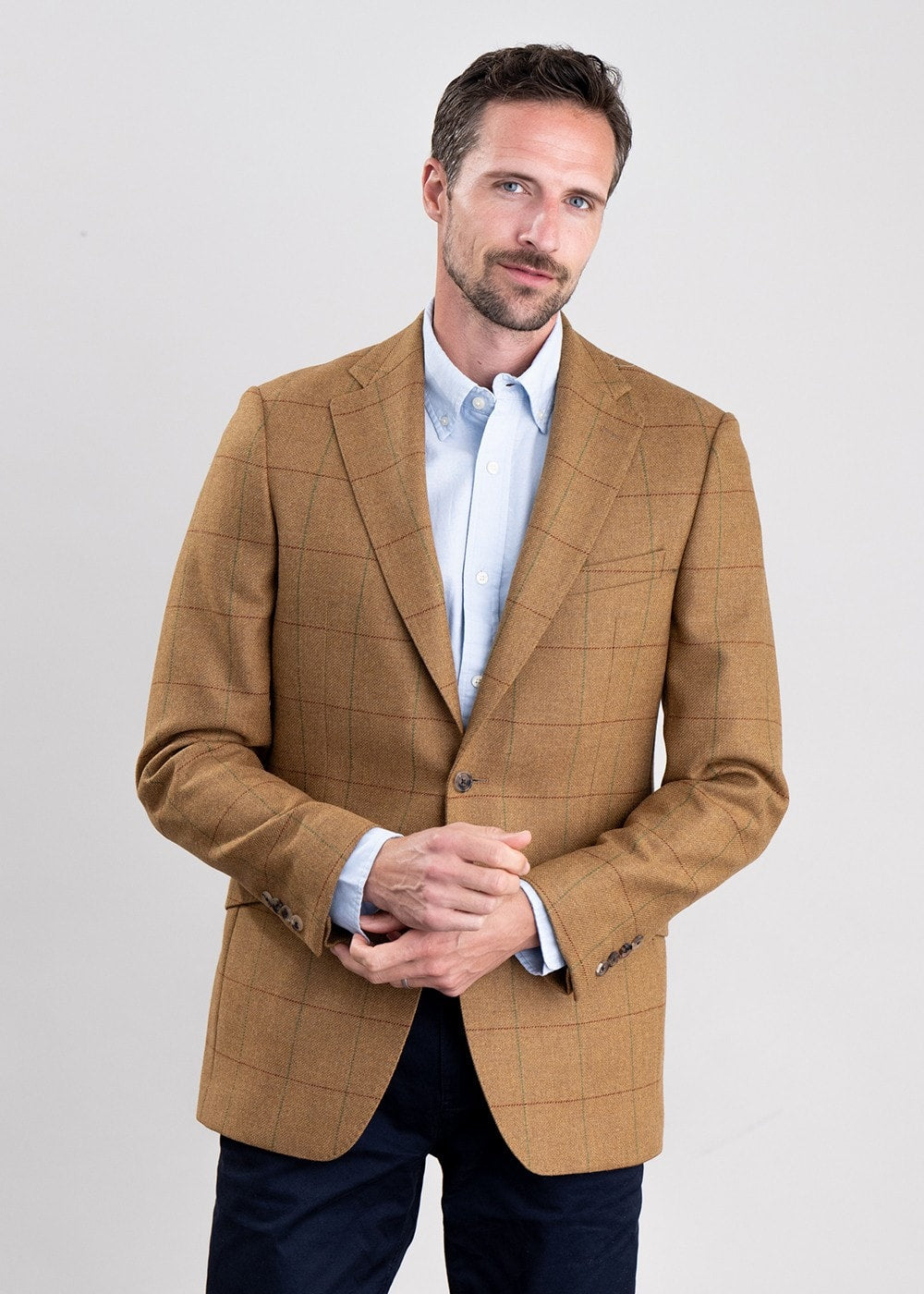 Branxton Tweed Jacket - Almond Brown Herringbone with Green and Red Overch - 1