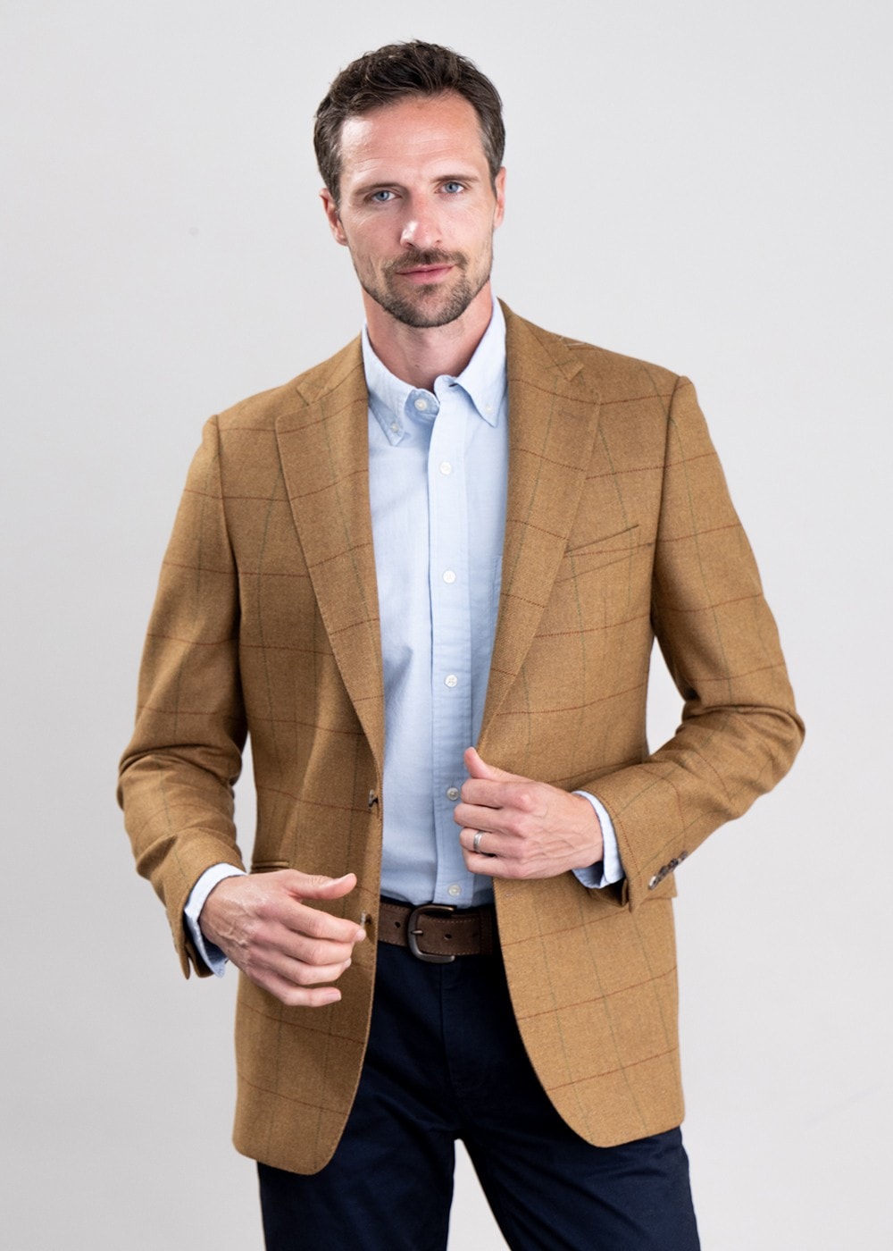 Branxton Tweed Jacket - Almond Brown Herringbone with Green and Red Overch - 2