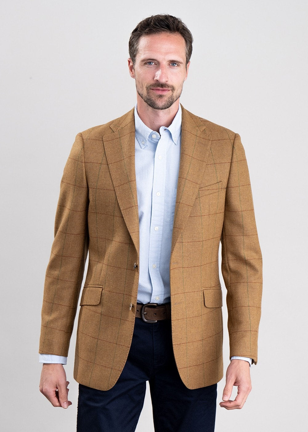 Branxton Tweed Jacket - Almond Brown Herringbone with Green and Red Overch - 3