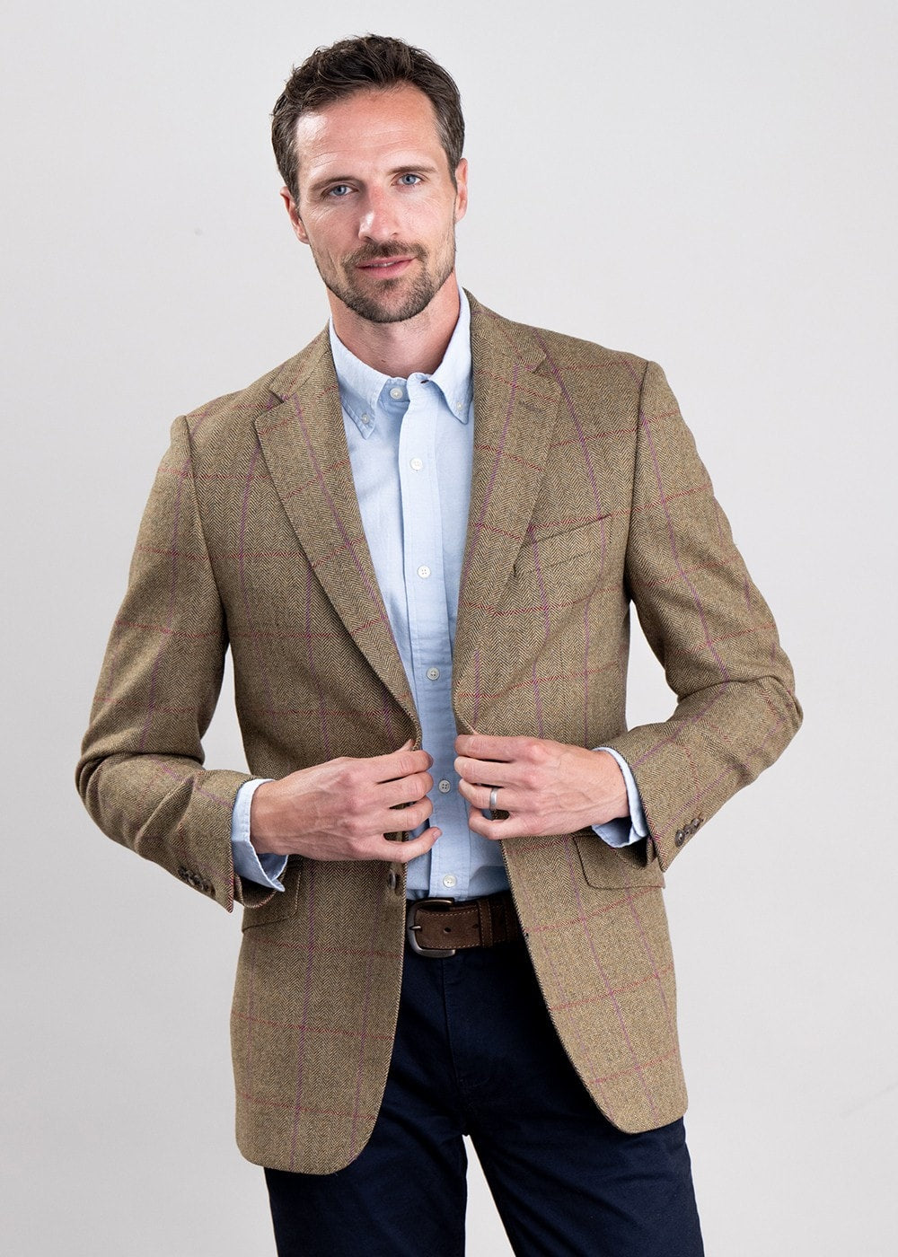 Lowick Tweed Jacket - Olive Herringbone with Red and Aubergine Overcheck - 1