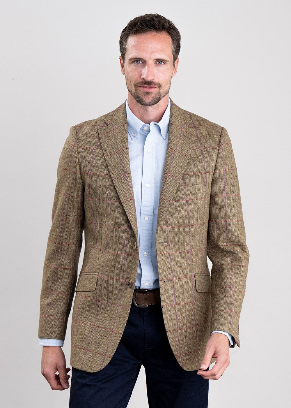 Lowick Tweed Jacket - Olive Herringbone with Red and Aubergine Overcheck - 2