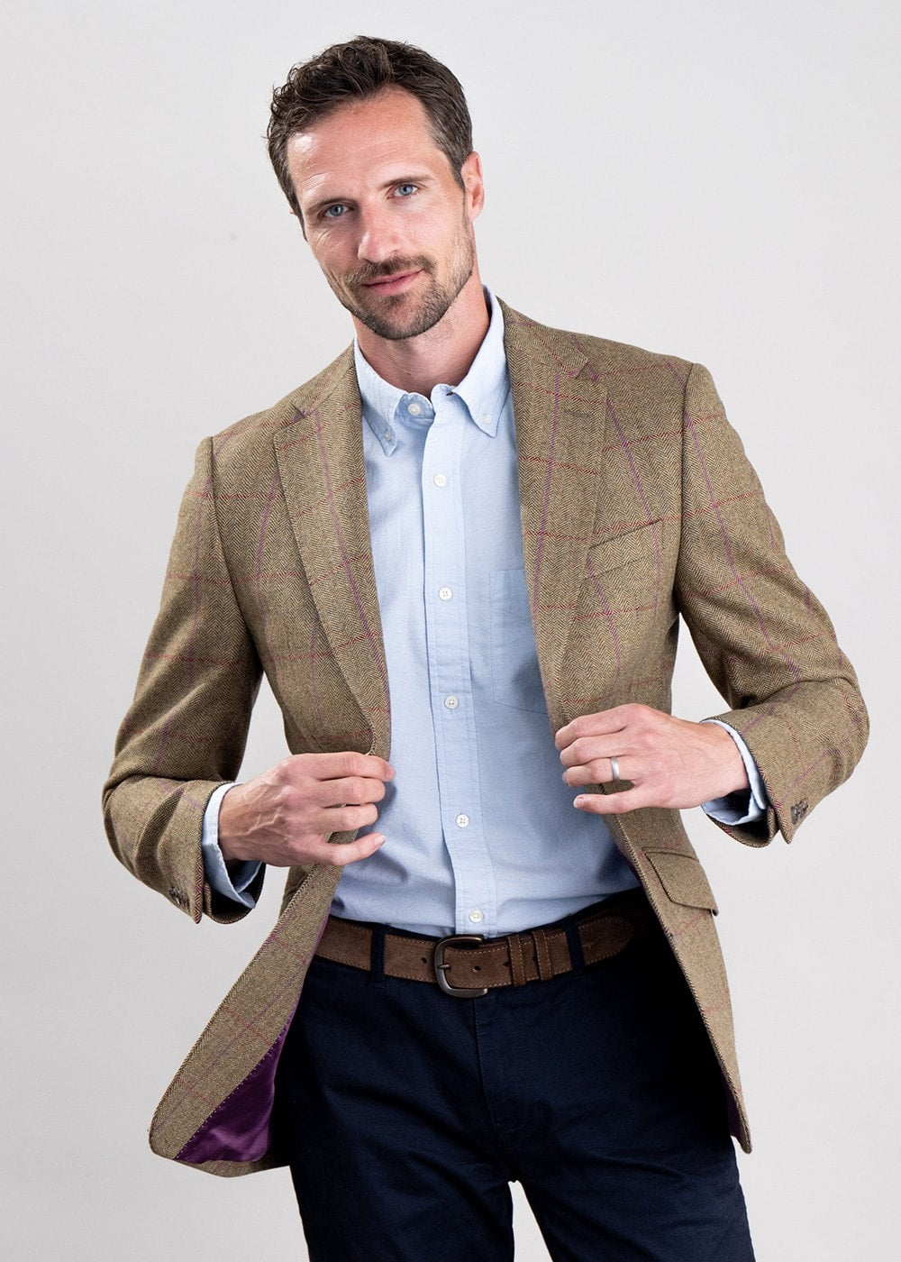 Lowick Tweed Jacket - Olive Herringbone with Red and Aubergine Overcheck - 3