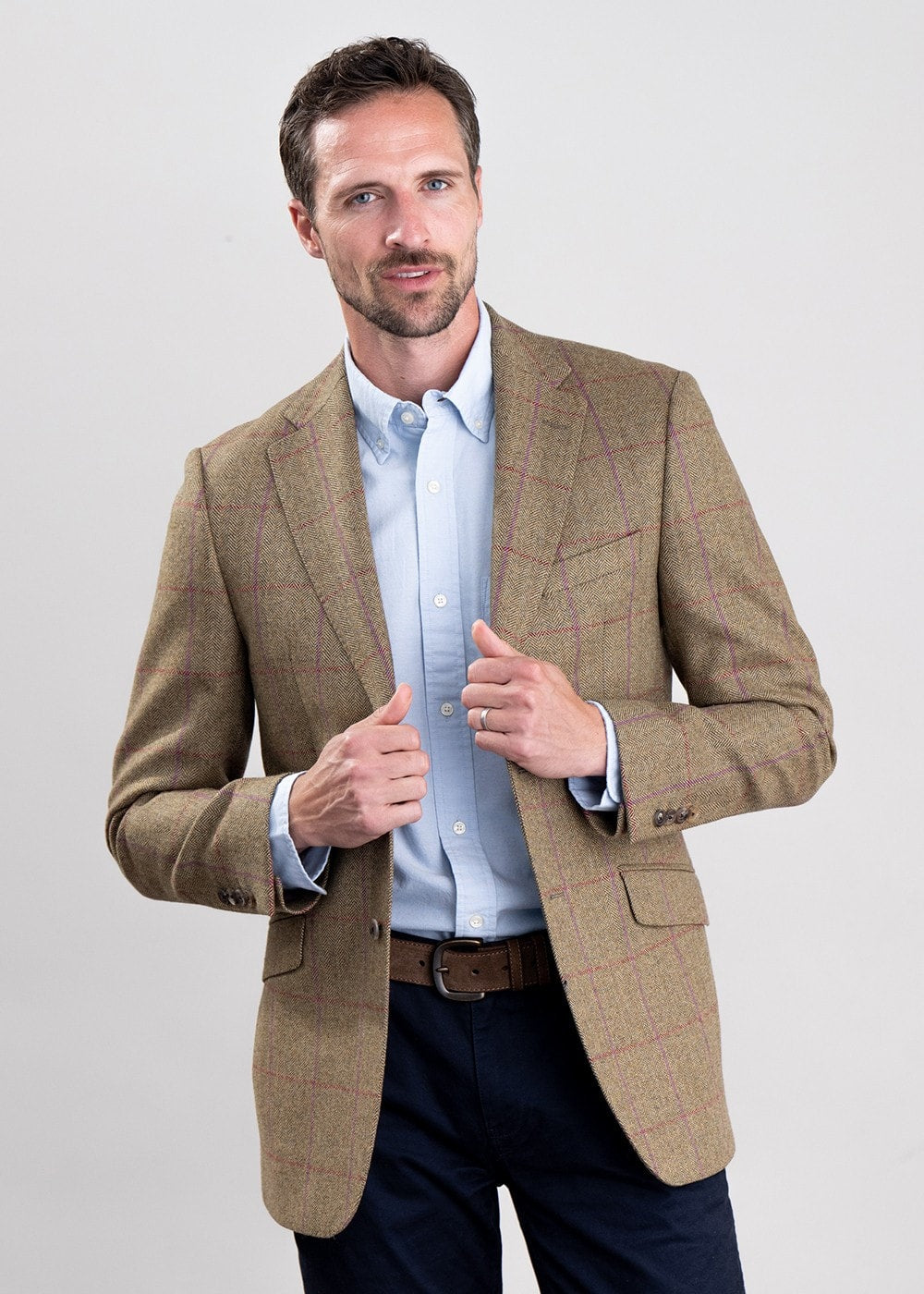 Lowick Tweed Jacket - Olive Herringbone with Red and Aubergine Overcheck - 4