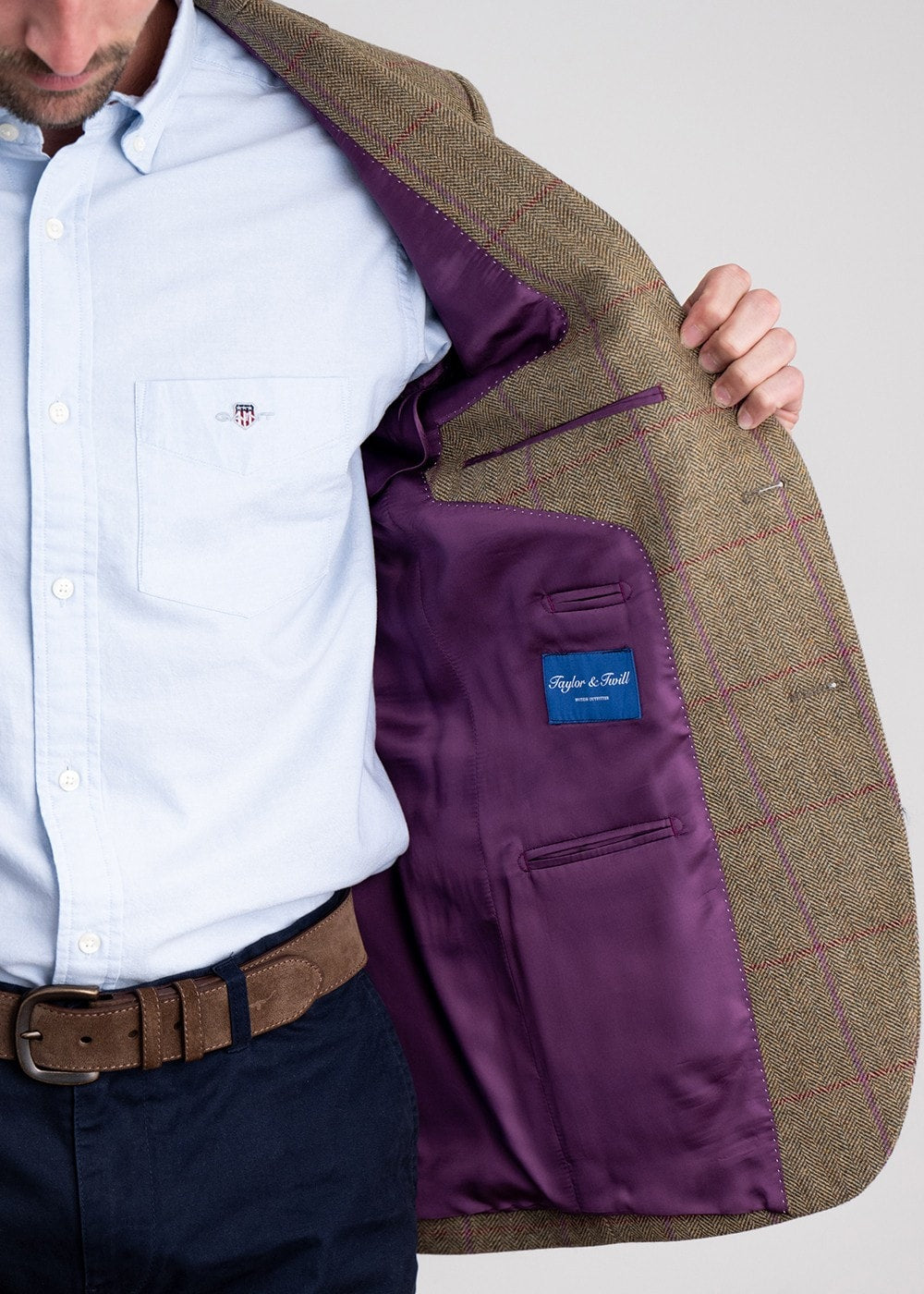 Lowick Tweed Jacket - Olive Herringbone with Red and Aubergine Overcheck - 5