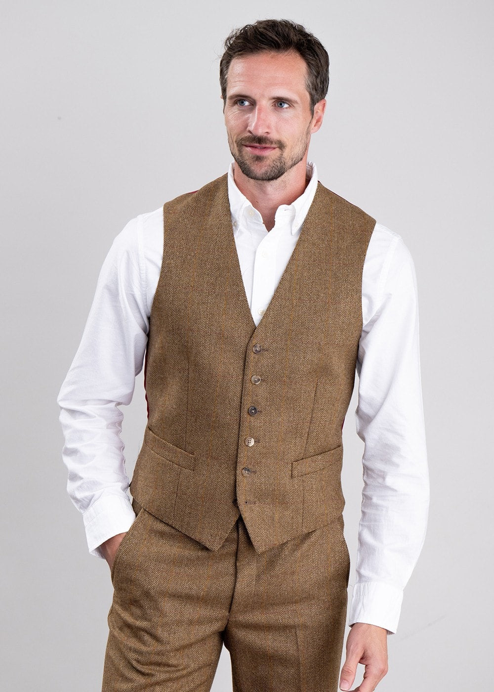 Heatherslaw Tweed Waistcoat - Earth Brown with Red and Gold Overcheck - 1