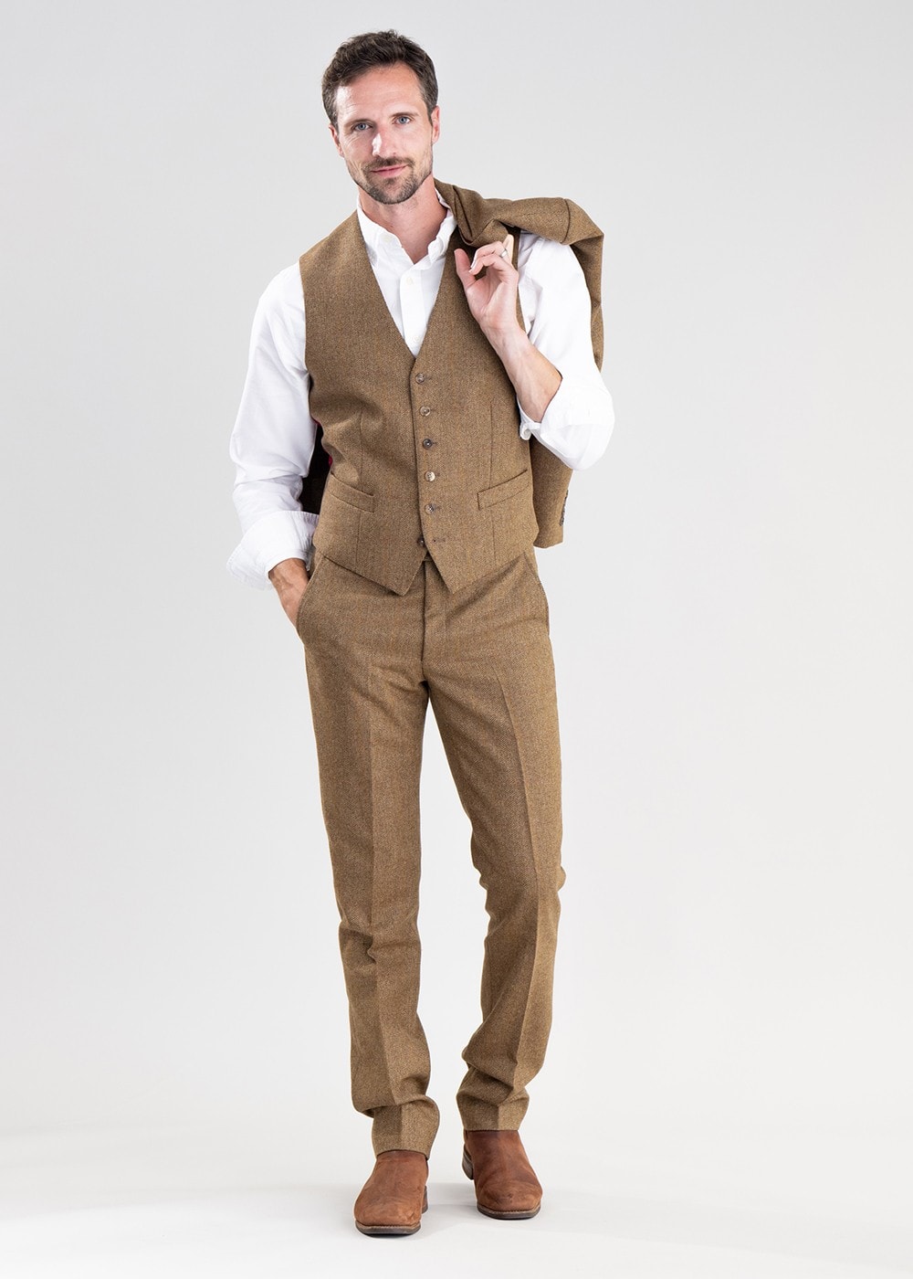 Heatherslaw Tweed Waistcoat - Earth Brown with Red and Gold Overcheck - 2