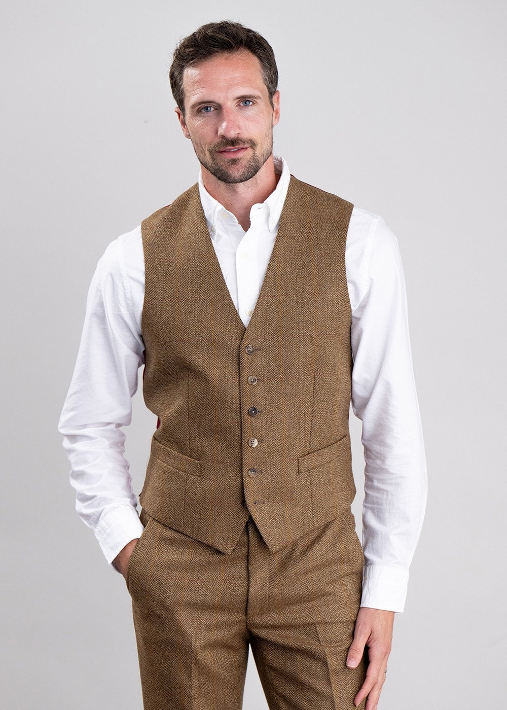 Heatherslaw Tweed Waistcoat - Earth Brown with Red and Gold Overcheck - 3