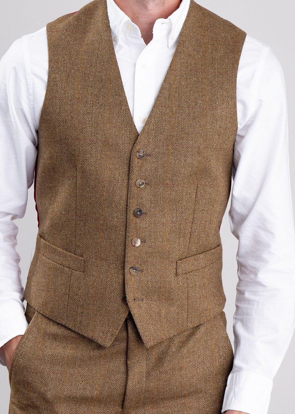 Heatherslaw Tweed Waistcoat - Earth Brown with Red and Gold Overcheck - 4