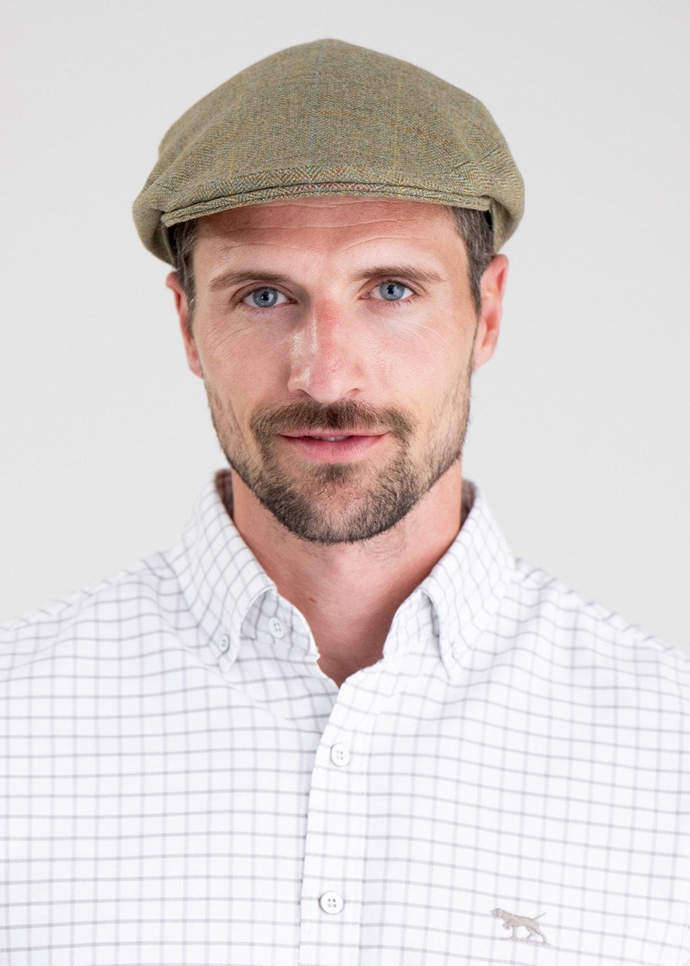 Rutherford Tweed Cap - Soft Moorland with Gold, Sky and Rust Check - 1