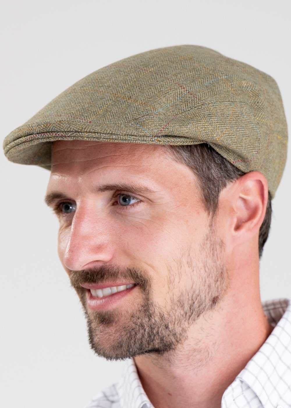 Rutherford Tweed Cap - Soft Moorland with Gold, Sky and Rust Check - 3