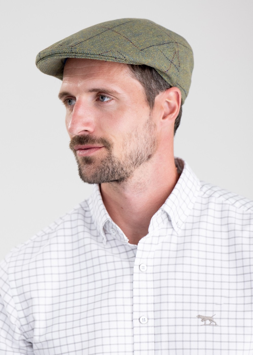 Belsay Tweed Cap - Lovat with Mid Blue and Burgundy Check - 2