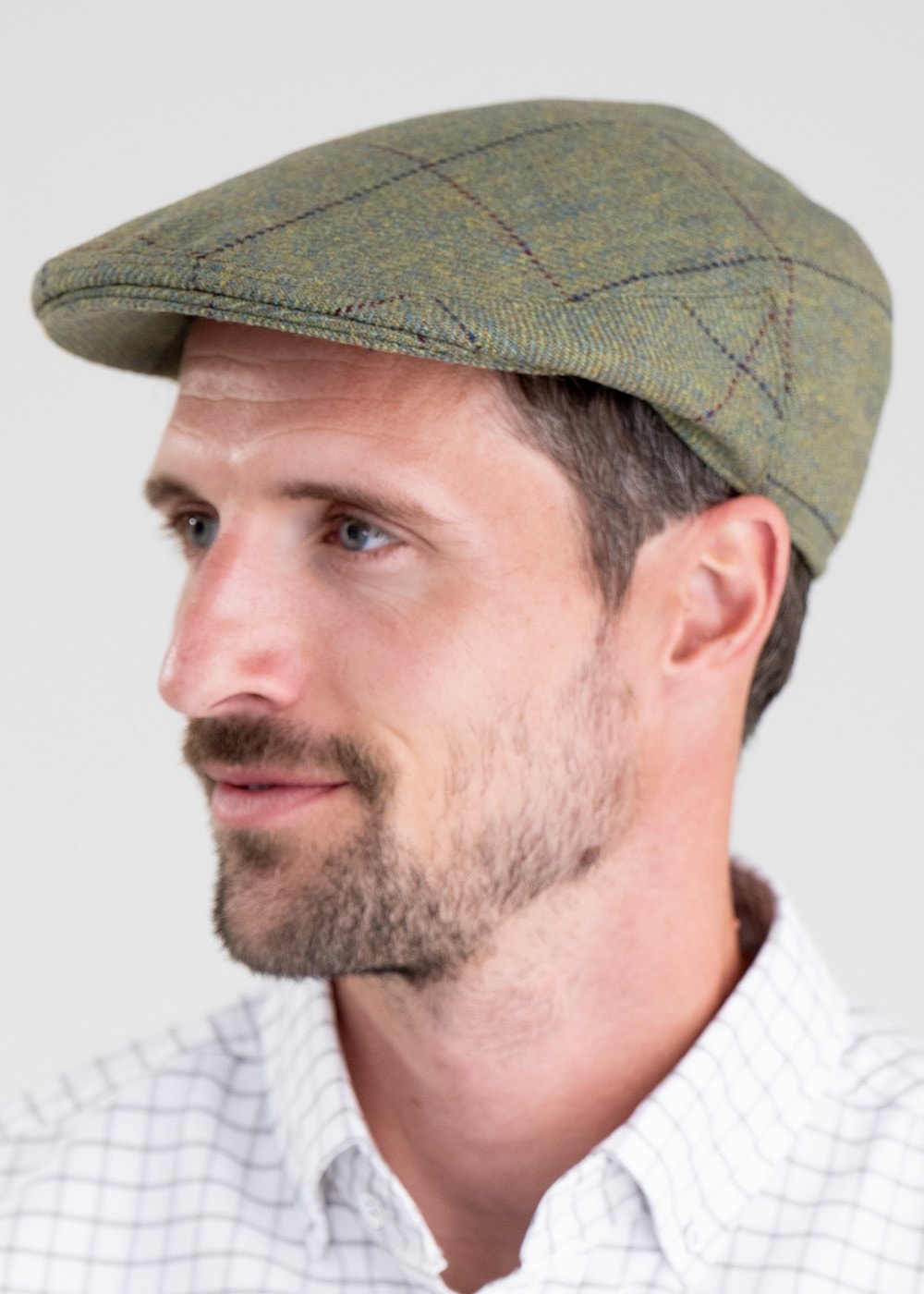 Belsay Tweed Cap - Lovat with Mid Blue and Burgundy Check - 3