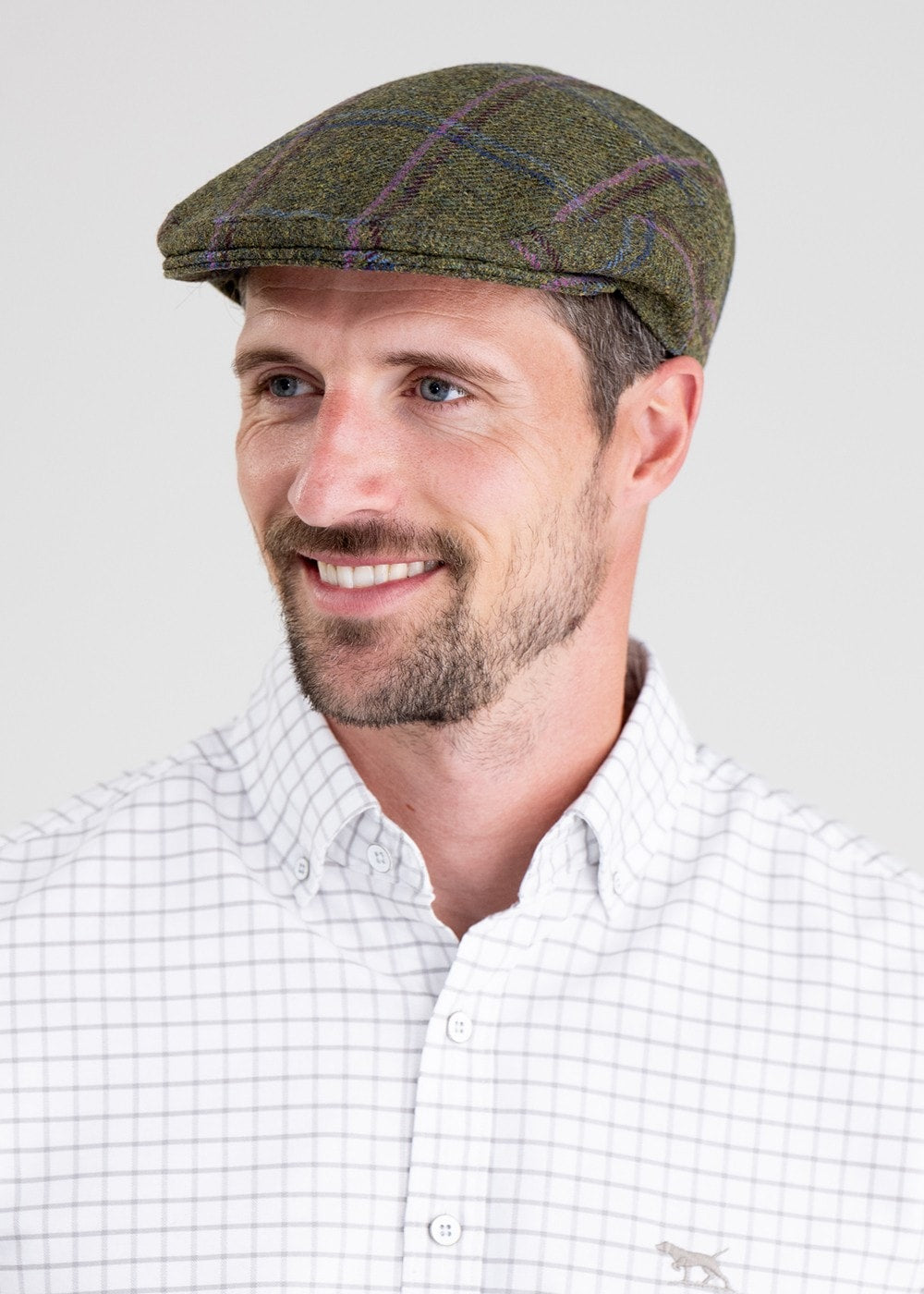 Alnmouth Tweed Cap - Moss Green with Navy and Burgundy Check - 1