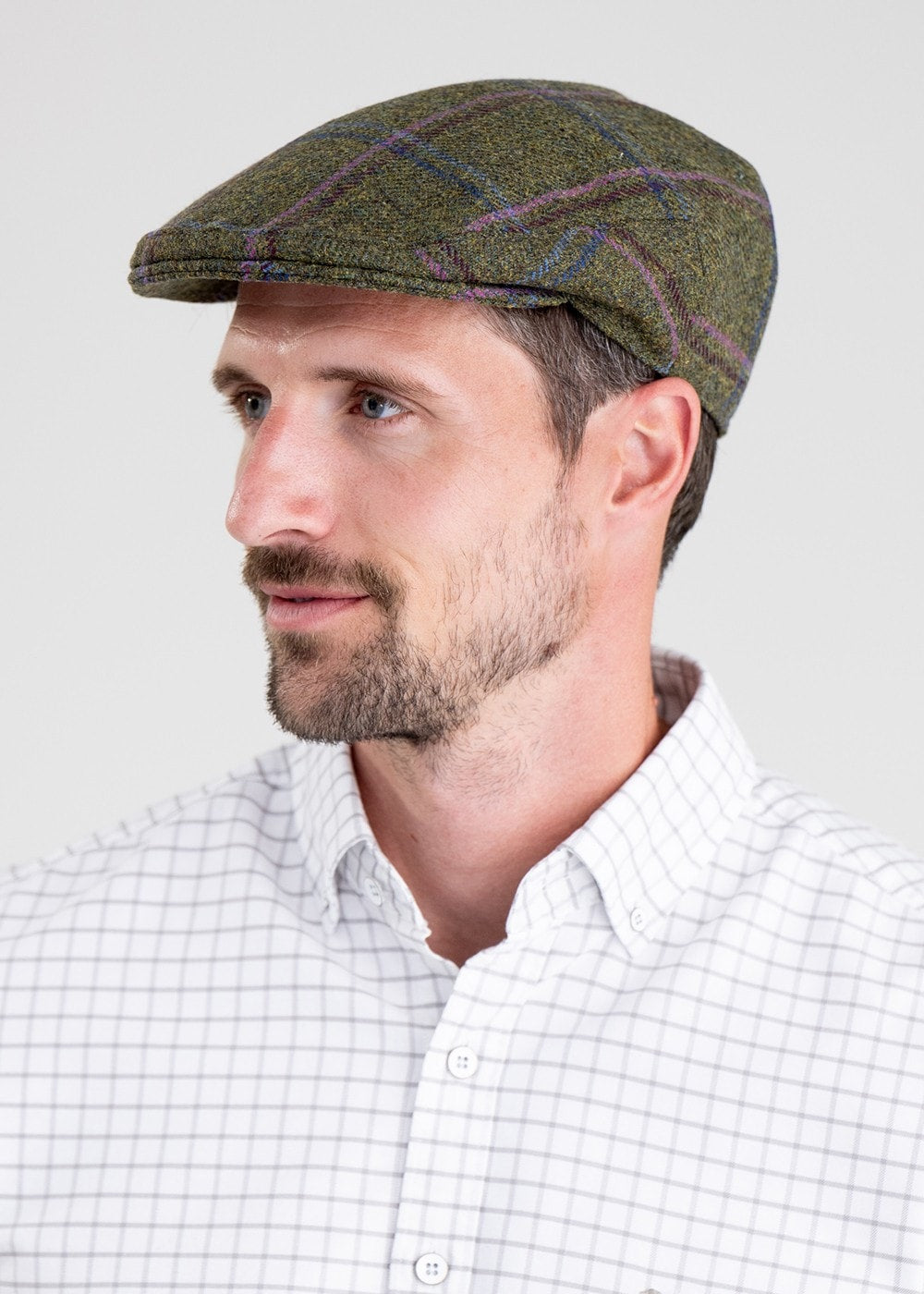 Alnmouth Tweed Cap - Moss Green with Navy and Burgundy Check - 2