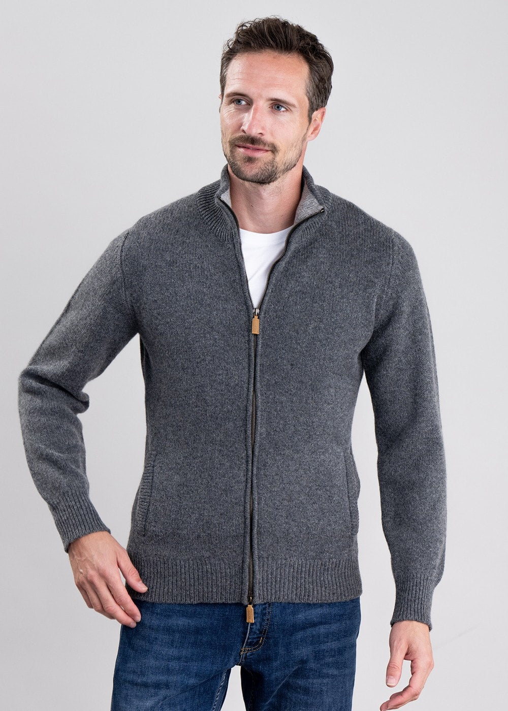 Lambswool 4 Ply Plain Jacket - Cliff with Flannel - 2