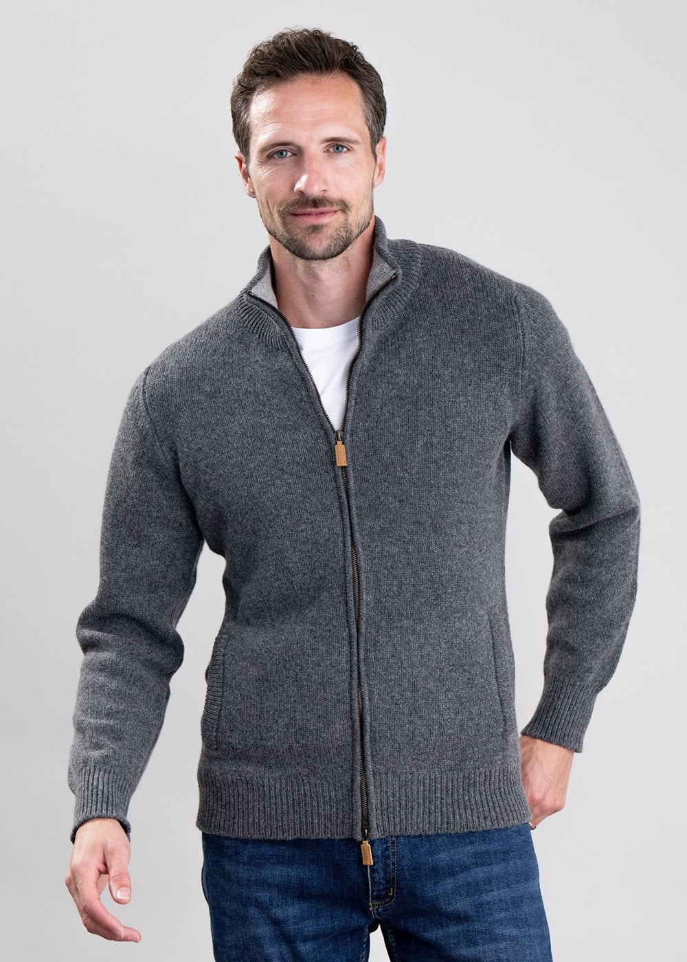 Lambswool 4 Ply Plain Jacket - Cliff with Flannel - 3