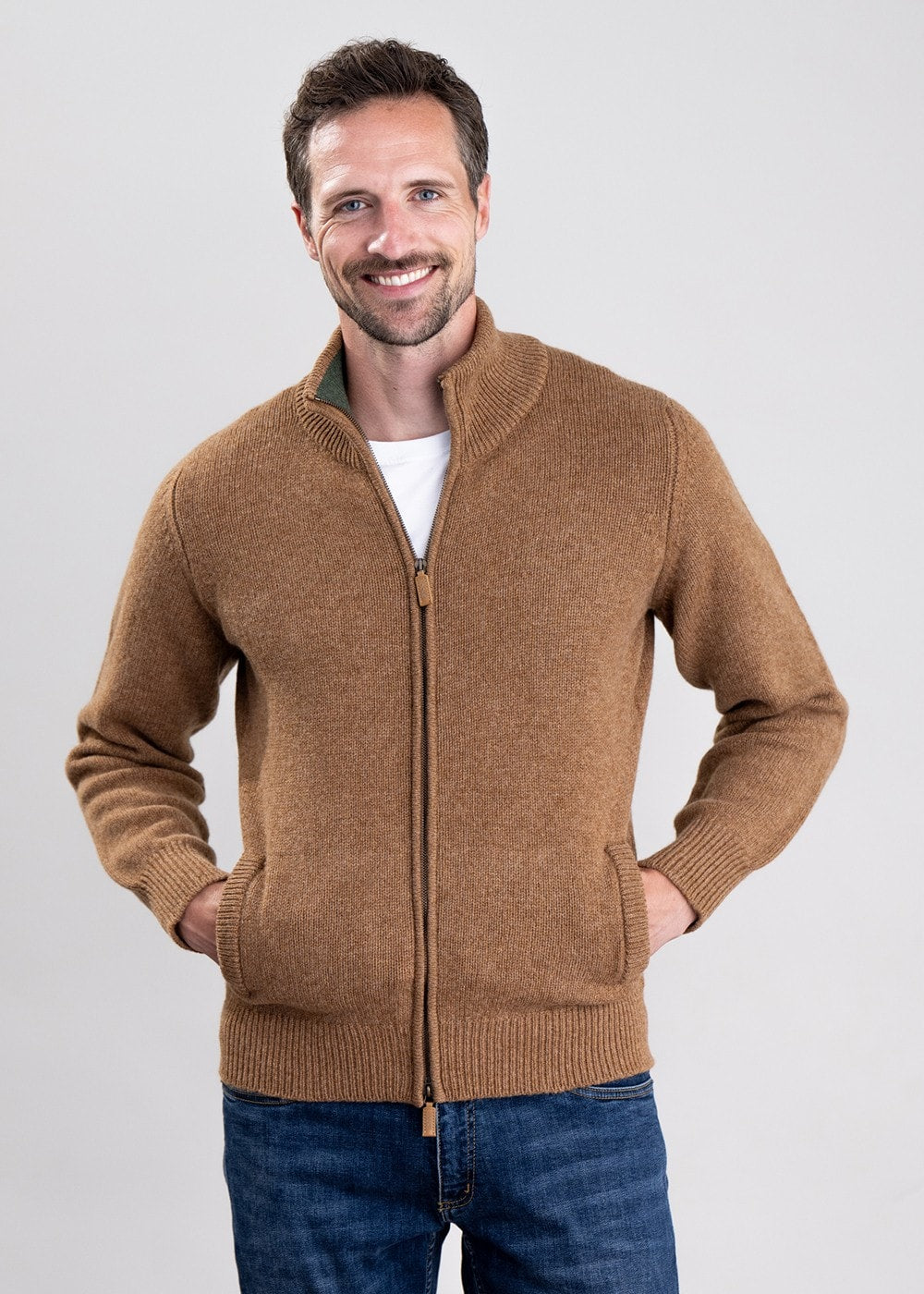 Lambswool 4 Ply Plain Jacket - Driftwood with Rosemary - 1