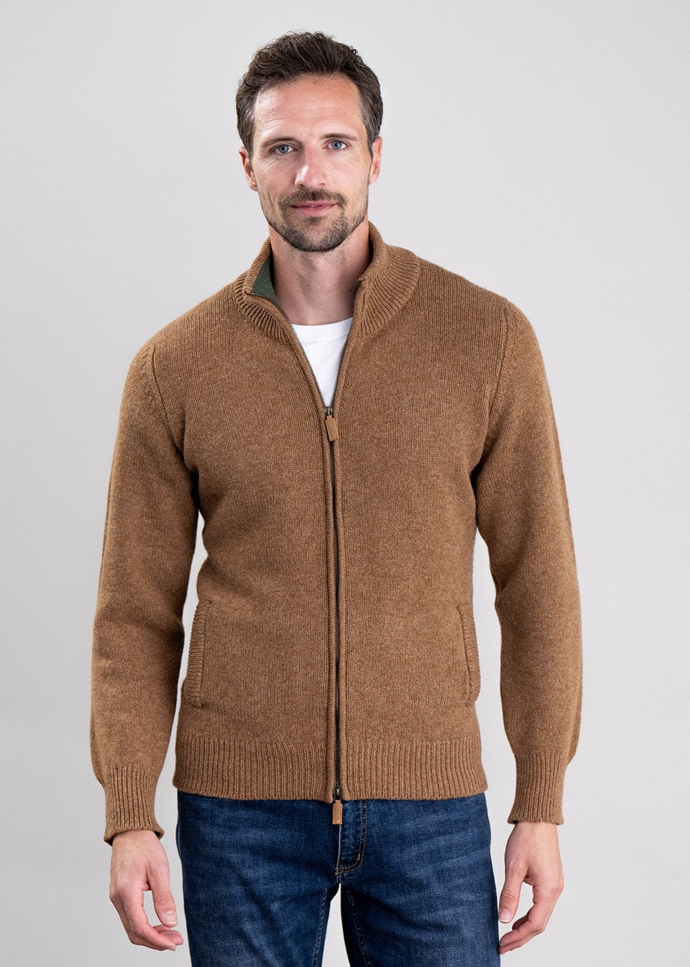 Lambswool 4 Ply Plain Jacket - Driftwood with Rosemary - 3