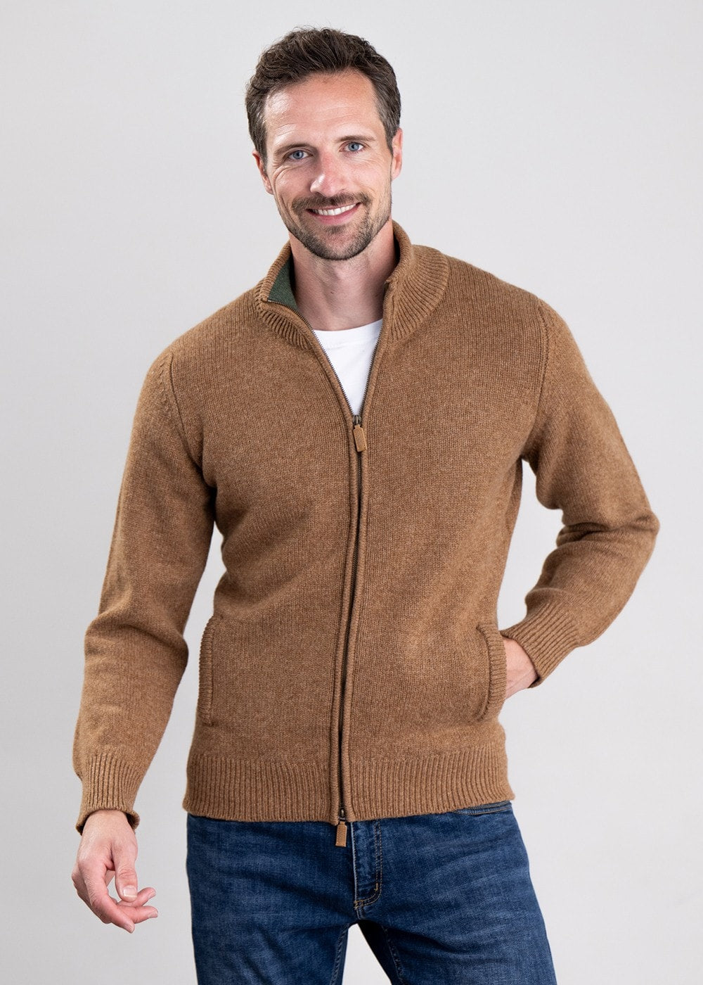 Lambswool 4 Ply Plain Jacket - Driftwood with Rosemary - 4