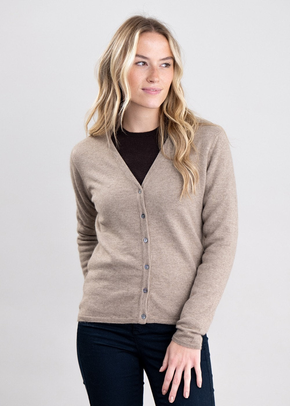 Millie Cashmere Vee Cardigan - Dark Natural - 4