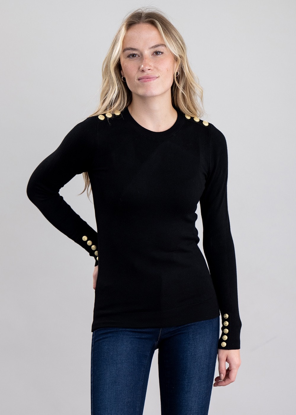 Buttoned Knit Crew Neck - Black - 1