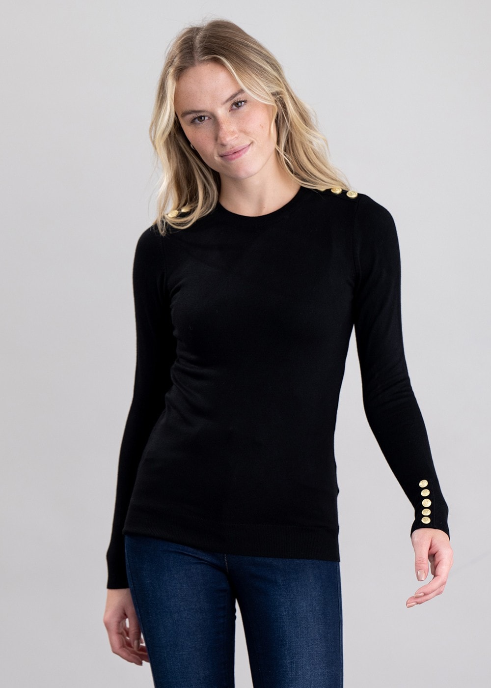 Buttoned Knit Crew Neck - Black - 2