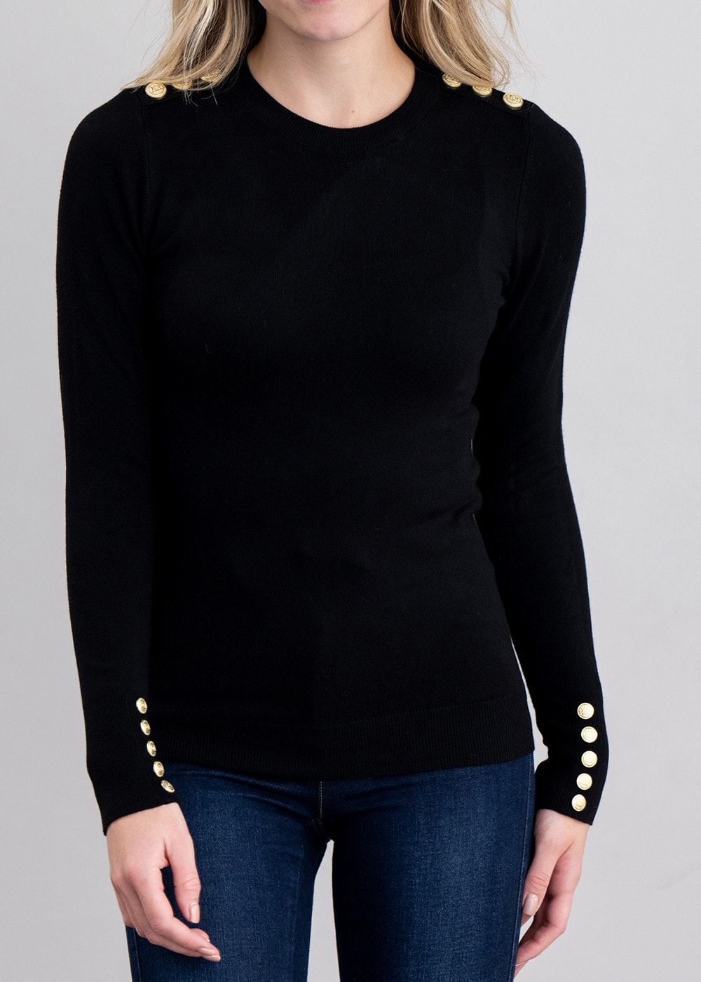 Buttoned Knit Crew Neck - Black - 4