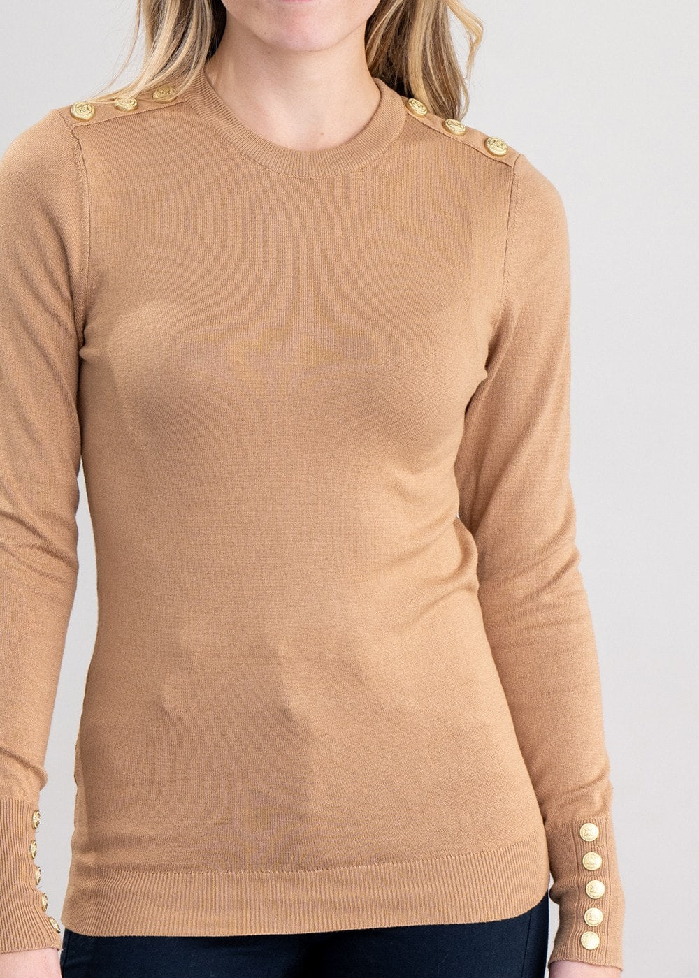 Buttoned Knit Crew Neck - Dark Camel - 4