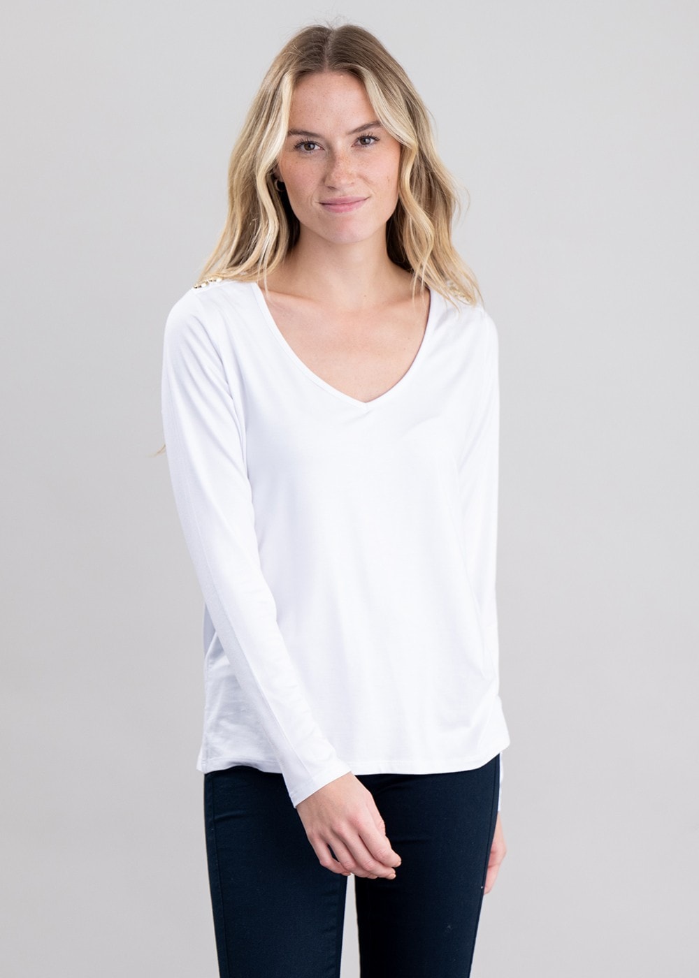 Long Sleeve V-Neck T-Shirt - White - 1