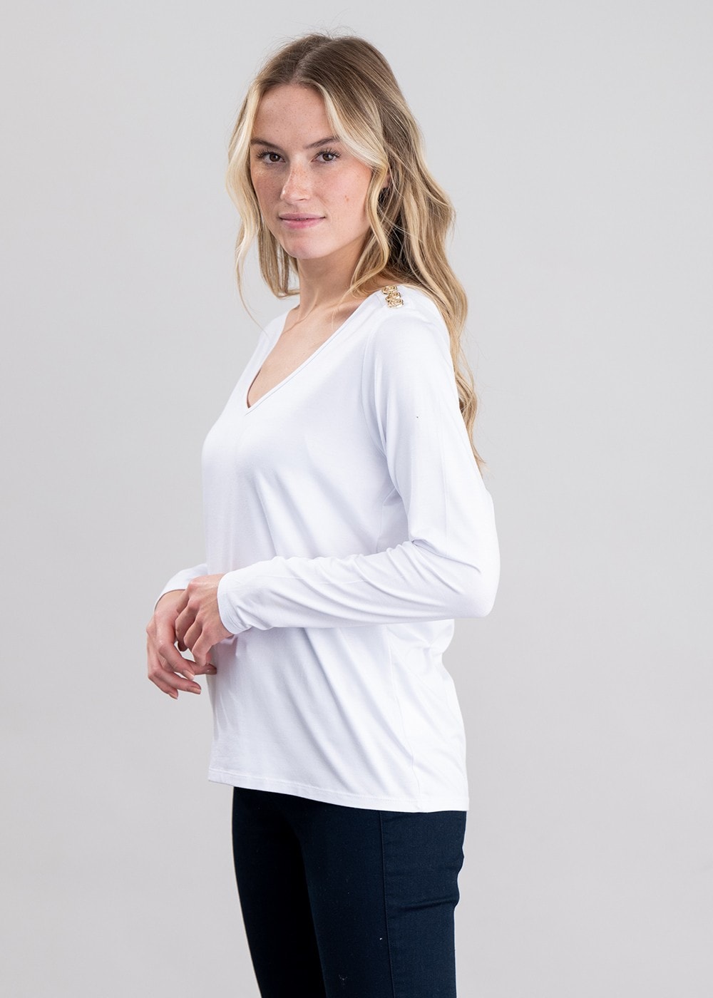 Long Sleeve V-Neck T-Shirt - White - 3